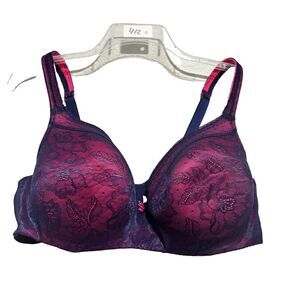 Cacique‎ Push Up Bra 42D Pink Blue Floral Lace Overlay Unlined Full Coverage
